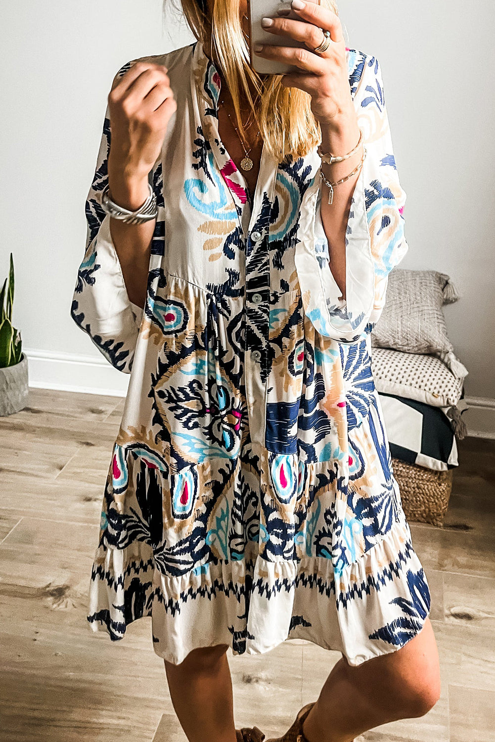 Sky Blue Tribal Bracelet Sleeve Buttoned Mini Dress