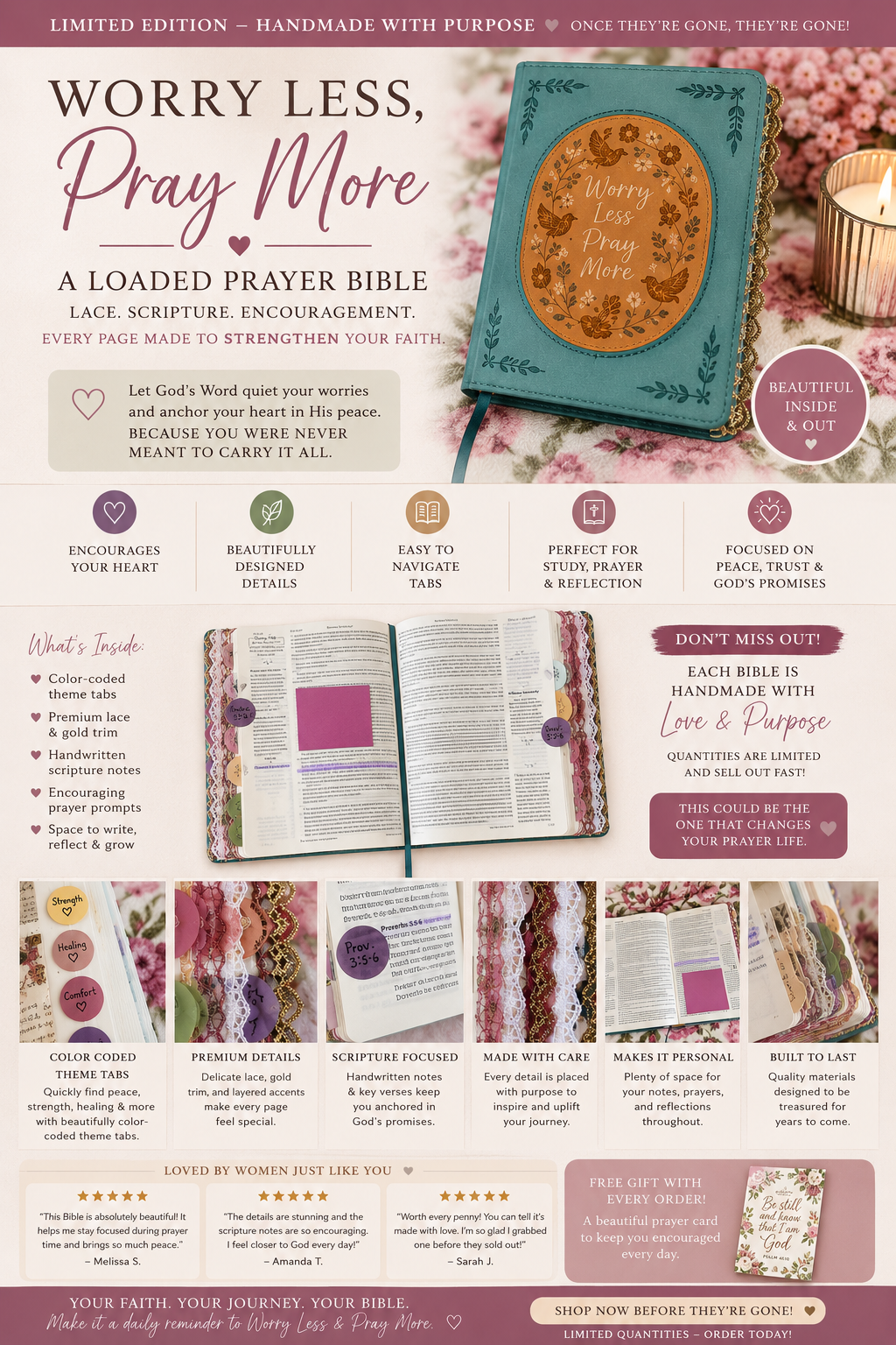 Decorated PRAYER Bible:Devotional Bible for Women Pray More, Worry Less
